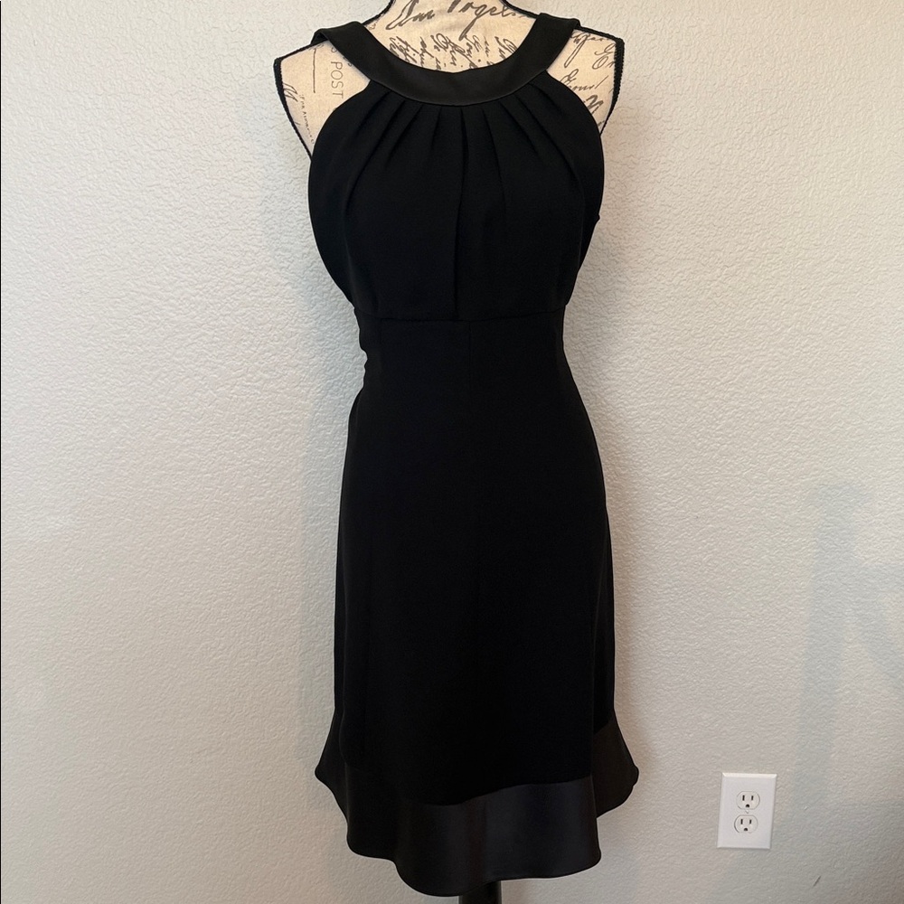 Evan Picone Black Pleated-Yoke Satin Trim Midi Dress 12P